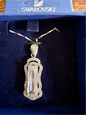 Swarovski Silver Clear Rectangular Crystal Pendant Necklace 16” chain.